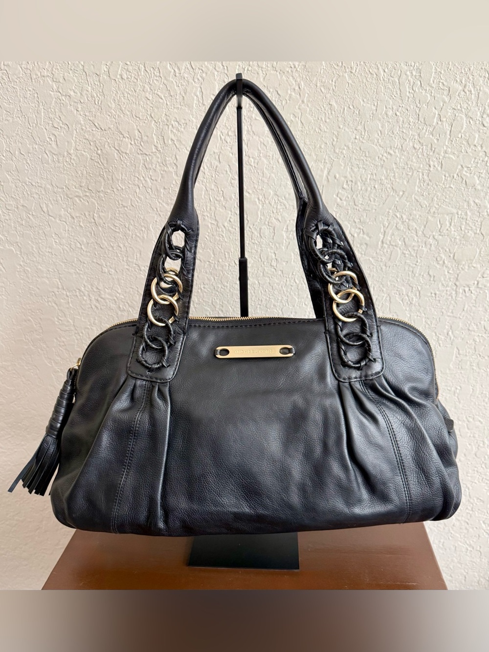 Michael Kors ID Chain Large Black Leather Satchel Handbag MSRP $1,095